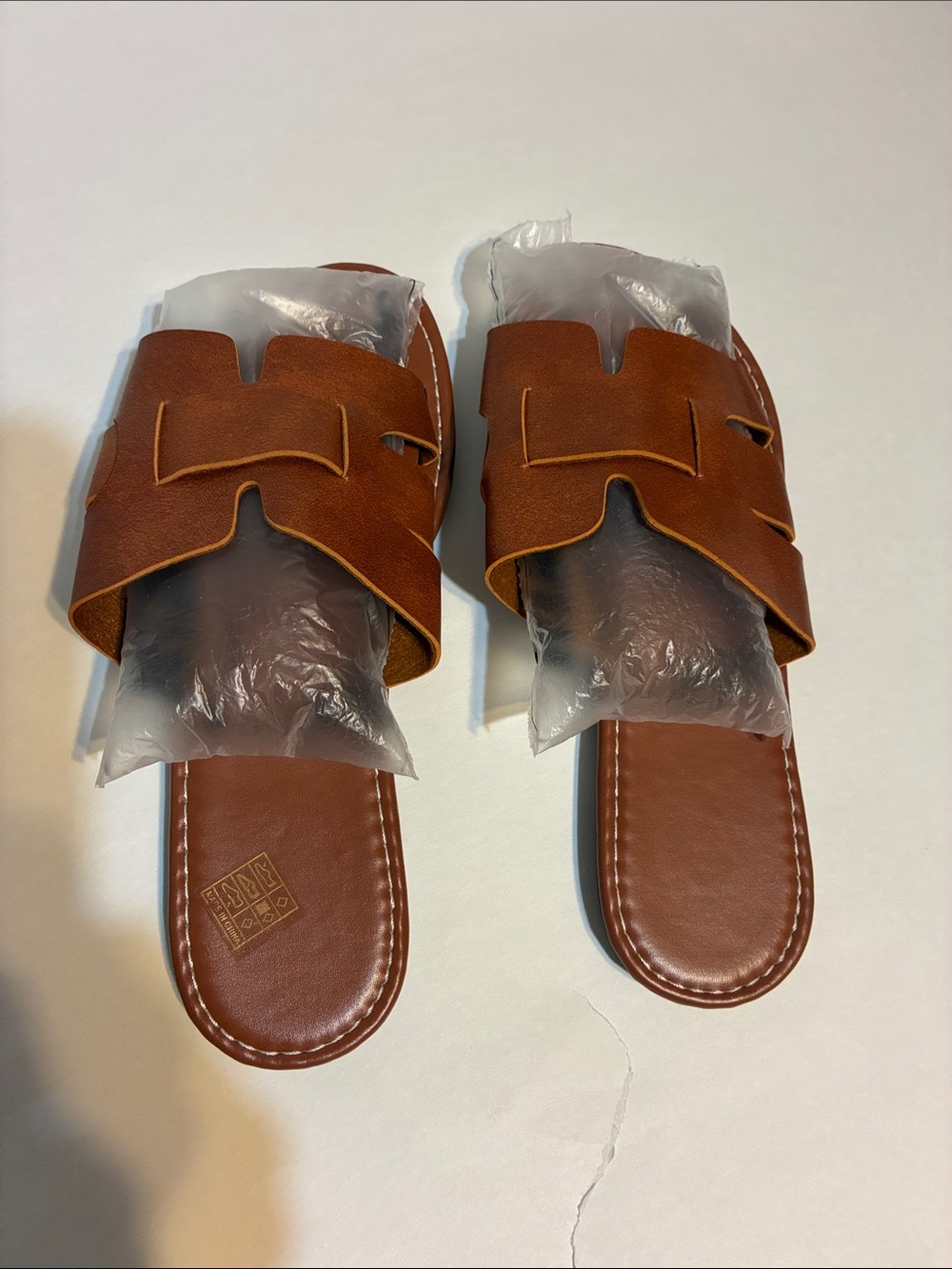 Brown faux Leather Slide Sandals. NWOT